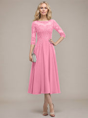 A-line Scoop Illusion Tea-Length Chiffon Lace Mother of the Bride Dress With Sequins Beading
