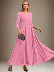 A-line V-Neck Ankle-Length Chiffon Lace Mother of the Bride Dress With Rhinestone