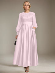 A-line Scoop Ankle-Length Lace Satin Chiffon Mother of the Bride Dress With Sequins