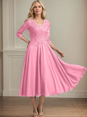 A-line V-Neck Tea-Length Chiffon Lace Mother of the Bride Dress With Beading Sequins