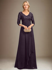 Empire V-Neck Floor-Length Lace Chiffon Mother of the Bride Dress With Cascading Ruffles Sequins