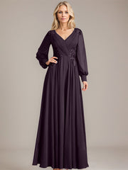 A-line V-Neck Floor-Length Chiffon Mother of the Bride Dress With Sequins Appliques Lace Pleated