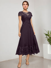 A-line Scoop Illusion Tea-Length Lace Chiffon Mother of the Bride Dress With Sequins