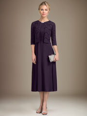 A-line Scoop Tea-Length Chiffon Mother of the Bride Dress With Pleated