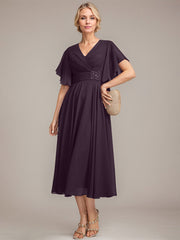 A-line V-Neck Tea-Length Chiffon Mother of the Bride Dress With Pleated Beading