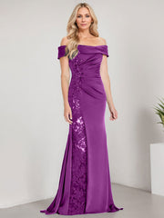 A-Line Off the Shoulder Floor-Length Chiffon Mother of the Bride Dress Applique Beadings Mermaid Dress With  High Split