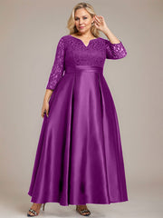 A-line V-Neck Ankle-Length Lace Satin Mother of the Bride Dress With Rhinestone