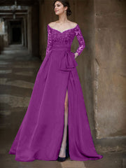 A-Line Off-The-Shoulder 3/4 Sleeves Sweep Train Lace/Satin Mother Of The Bride Dresses With Split Front