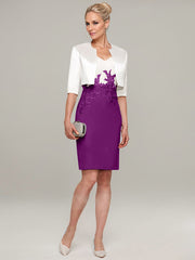 Sheath/Column V-Neck Knee-Length Satin Mother of the Bride Dress With Jacket Appliqued