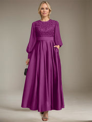 A-line Scoop Ankle-Length Lace Satin Chiffon Mother of the Bride Dress With Sequins