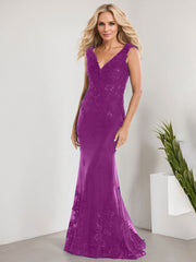 A-line V-Neck Floor-Length Lace Chiffon Mother of the Bride Dress With Applique Sequins Mermaid Dresses