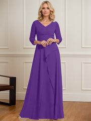 A-line V-Neck Floor-Length Chiffon Mother of the Bride Dress With Pleated Beading