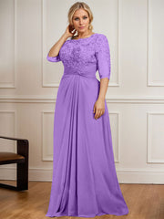 A-line Scoop Illusion Floor-Length Chiffon Lace Mother of the Bride Dress With Pleated Sequins Beading