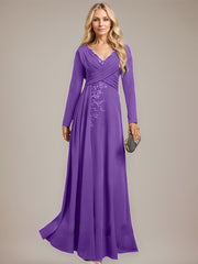 A-line V-Neck Floor-Length Stretch Crepe Evening Dress With Pleated Sequins Appliques Lace