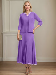 Separates A-line Scoop Tea-Length Chiffon Mother of the Bride Dress With Sequins Beading