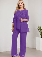 Separates Pantsuit Scoop Floor-Length Lace Chiffon Mother of the Bride Dress With Sequins