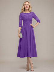 A-line Scoop Illusion Tea-Length Chiffon Lace Mother of the Bride Dress With Sequins Beading