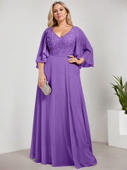 A-line V-Neck Floor-Length Chiffon Lace Mother of the Bride Dress With Sequins Beading
