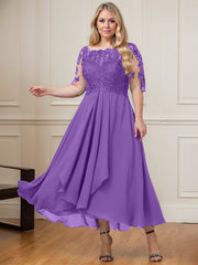 A-line Boat Neck Illusion Asymmetrical Lace Chiffon Mother of the Bride Dress With Cascading Ruffles Sequins