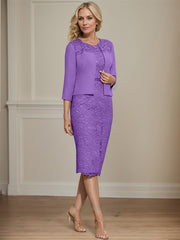 Sheath/Column Scoop Knee-Length Chiffon Lace Mother of the Bride Dress With Beading