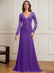 Sheath/Column V-Neck Detachable Sweep Train Lace Tulle Chiffon Mother of the Bride Dress With Sequins