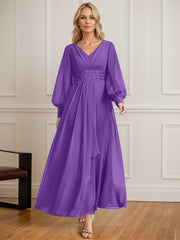 A-line V-Neck Ankle-Length Chiffon Mother of the Bride Dress With Cascading Ruffles Beading Sequins