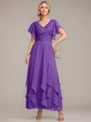 A-line V-Neck Ankle-Length Lace Chiffon Mother of the Bride Dress With Cascading Ruffles