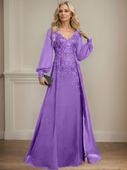 A-Line V-Neck Long Sleeves Floor-Length Chiffon Mother Of The Bride Dresses With Lace