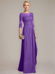 A-line Scoop Illusion Floor-Length Chiffon Lace Mother of the Bride Dress With Beading Sequins Cascading Ruffles
