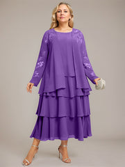 A-line Scoop Tea-Length Chiffon Mother of the Bride Dress With Cascading Ruffles
