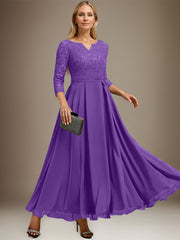 A-line V-Neck Ankle-Length Chiffon Lace Mother of the Bride Dress With Rhinestone