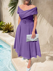 A-Line Off-The-Shoulder Tea-Length Chiffon Mother Of The Bride Dresses With Beading