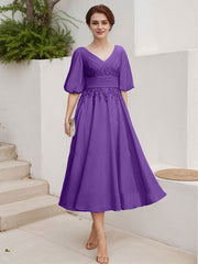A-Line V-Neck 1/2 Sleeves Chiffon Mother Of The Bride Dresses With Lace