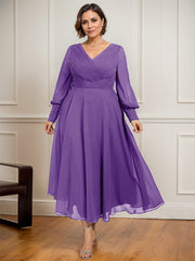 A-line V-Neck Tea-Length Chiffon Mother of the Bride Dress With Pleated