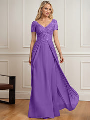 A-line V-Neck Floor-Length Chiffon Lace Mother of the Bride Dress