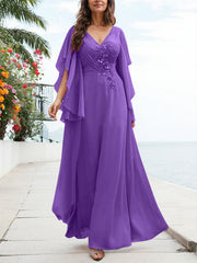 A-Line V-Neck Floor-Length Chiffon Mother Of The Bride Dresses With Appliques Lace