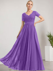 A-line V-Neck Floor-Length Lace Chiffon Mother of the Bride Dress