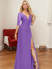 A-Line V-Neck 1/2 Sleeves Floor-Length Chiffon Mother Of The Bride Dresses With Lace