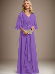 A-line V-Neck Floor-Length Chiffon Mother of the Bride Dress With Cascading Ruffles Crystal Brooch