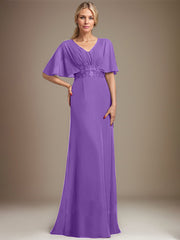 A-line V-Neck Floor-Length Chiffon Mother of the Bride Dress With Sequins Appliques Lace Pleated