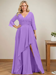 A-line V-Neck Floor-Length Chiffon Mother of the Bride Dress With Cascading Ruffles