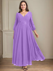 A-line V-Neck Ankle-Length Lace Chiffon Mother of the Bride Dress With Sequins