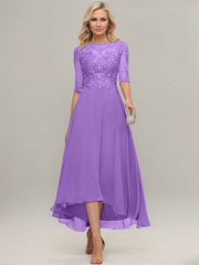 A-line Illusion Boat Neck Asymmetrical Chiffon Lace Mother of the Bride Dress With Sequins Beading
