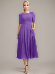 A-line Scoop Tea-Length Chiffon Mother of the Bride Dress With Appliques Lace Sequins
