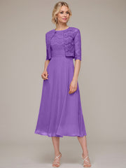 A-line/Princess Scoop Tea-Length Chiffon Mother of the Bride Dress With Lace Jacket