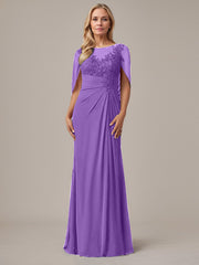 A-Line Floor-Length Boat-Neck Lace Capelet Chiffon Mother of the Bride Dress