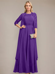 A-line Scoop Illusion Floor-Length Lace Chiffon Mother of the Bride Dress With Pleated