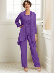 Elegant Appliques 3 Pieces Chiffon Mother of The Bride Jumpsuit with Wrap