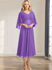 A-line V-Neck Tea-Length Chiffon Mother of the Bride Dress With Pleated Sequins Appliques Lace Beadind