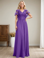 A-line V-Neck Floor-Length Lace Chiffon Mother of the Bride Dress With Sequins